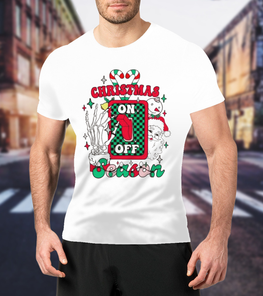 Christmas Season On Off Skeleton Hand Santa Claus T-Shirt