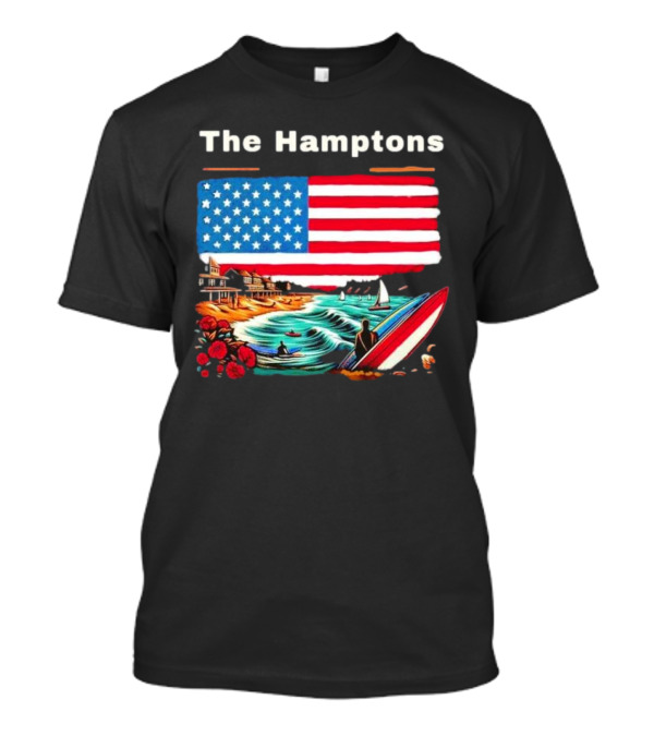 The Hamptons American Flag Beach Oceanside Surfing Scene T-Shirt
