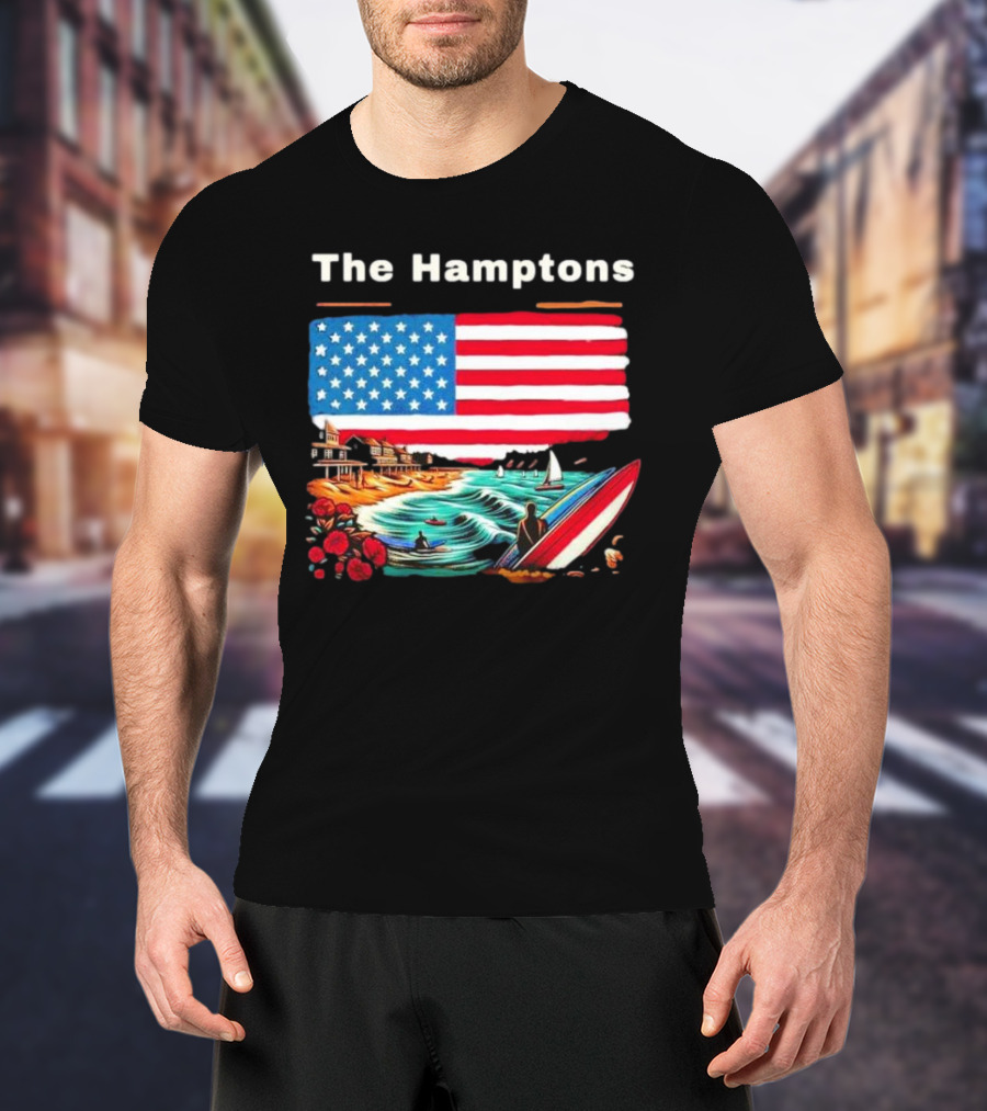 The Hamptons American Flag Beach Oceanside Surfing Scene T-Shirt