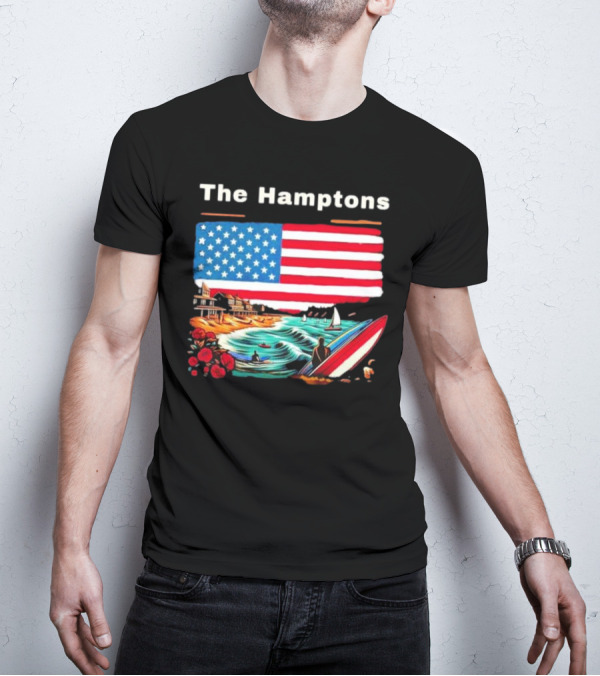 The Hamptons American Flag Beach Oceanside Surfing Scene T-Shirt