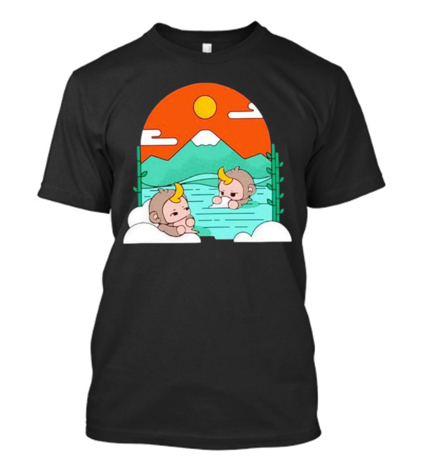 The Tranquil Monkey Hot Spring Relaxation Scene With Mountains And Sun T-Shirt