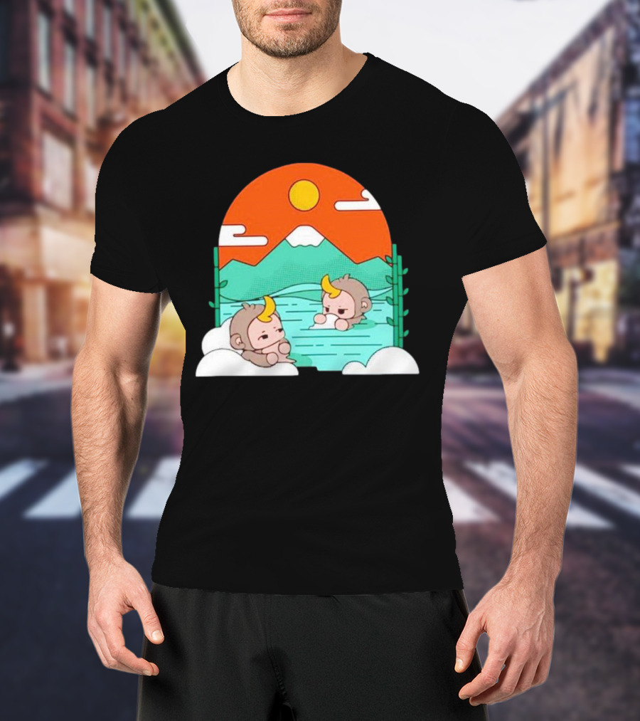 The Tranquil Monkey Hot Spring Relaxation Scene With Mountains And Sun T-Shirt
