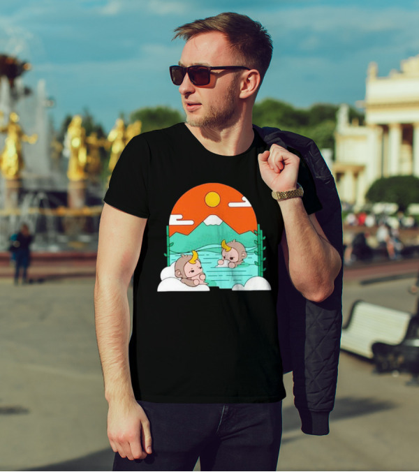 The Tranquil Monkey Hot Spring Relaxation Scene With Mountains And Sun T-Shirt