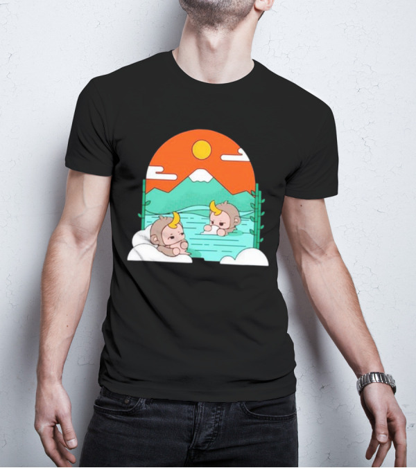 The Tranquil Monkey Hot Spring Relaxation Scene With Mountains And Sun T-Shirt