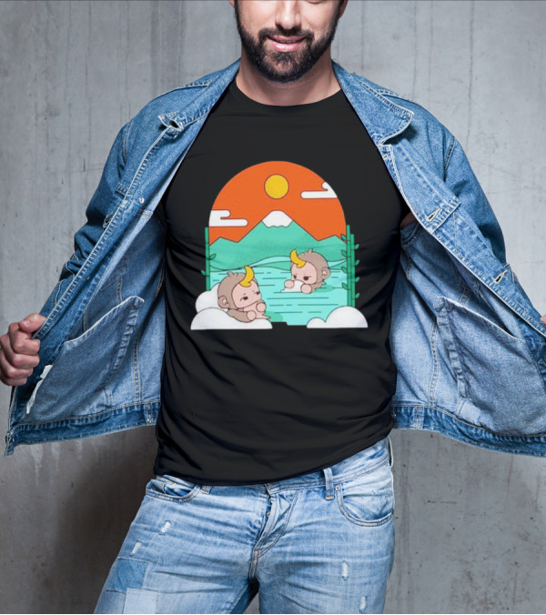 The Tranquil Monkey Hot Spring Relaxation Scene With Mountains And Sun T-Shirt