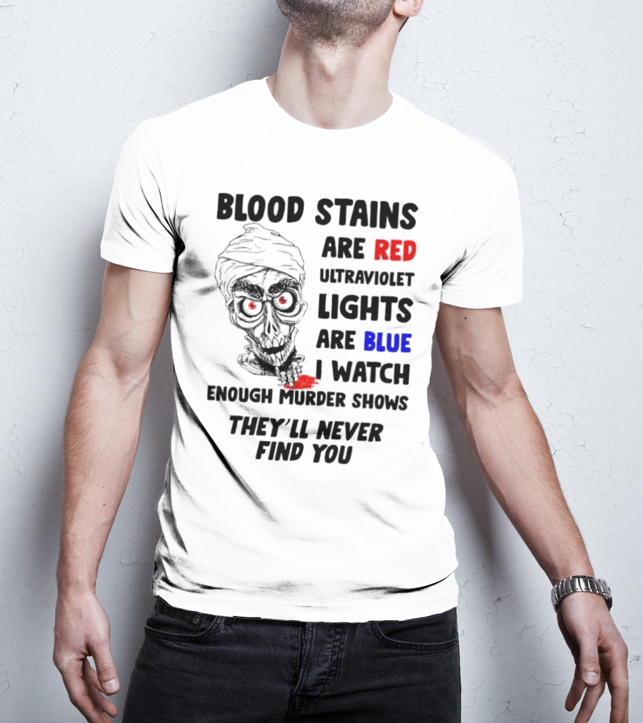 Blood Stains Are Red Ultraviolet Lights Are Blue I Watch Enough Murder Shows They'll Never Find You Skull T-Shirt