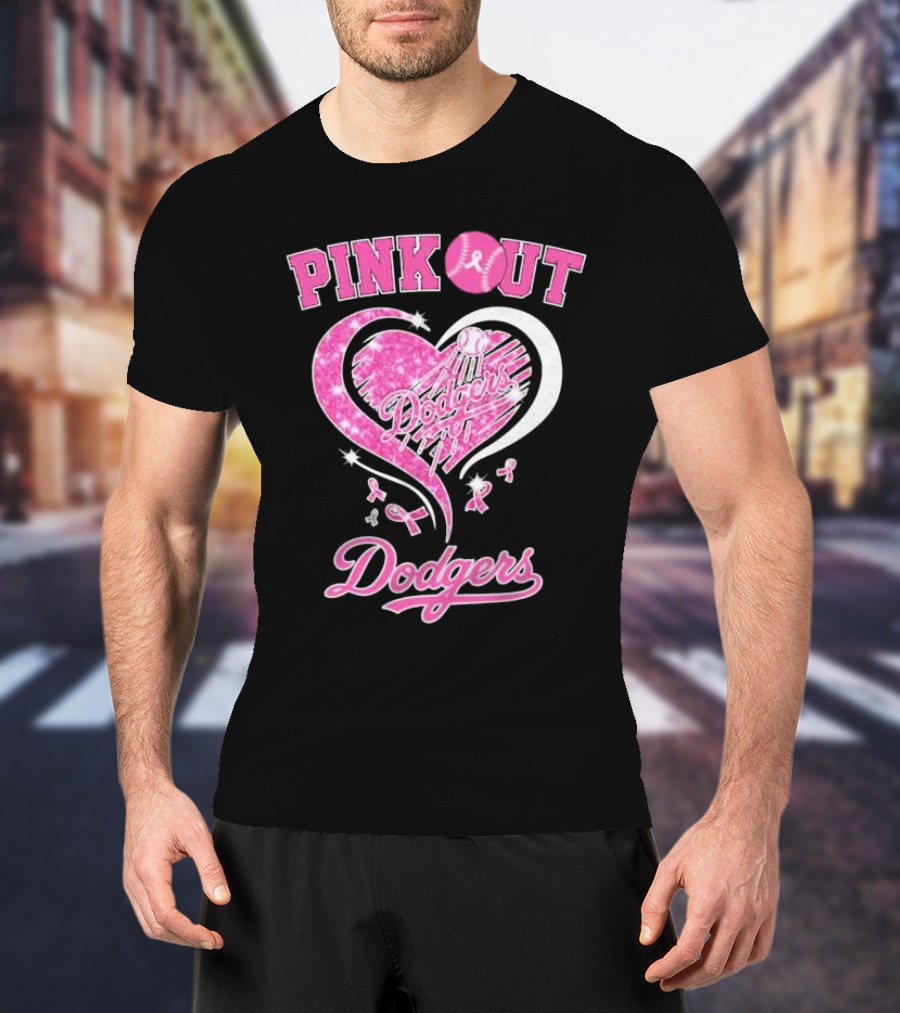 Pink Out Dodgers Heart Breast Cancer Los Angeles T-Shirt