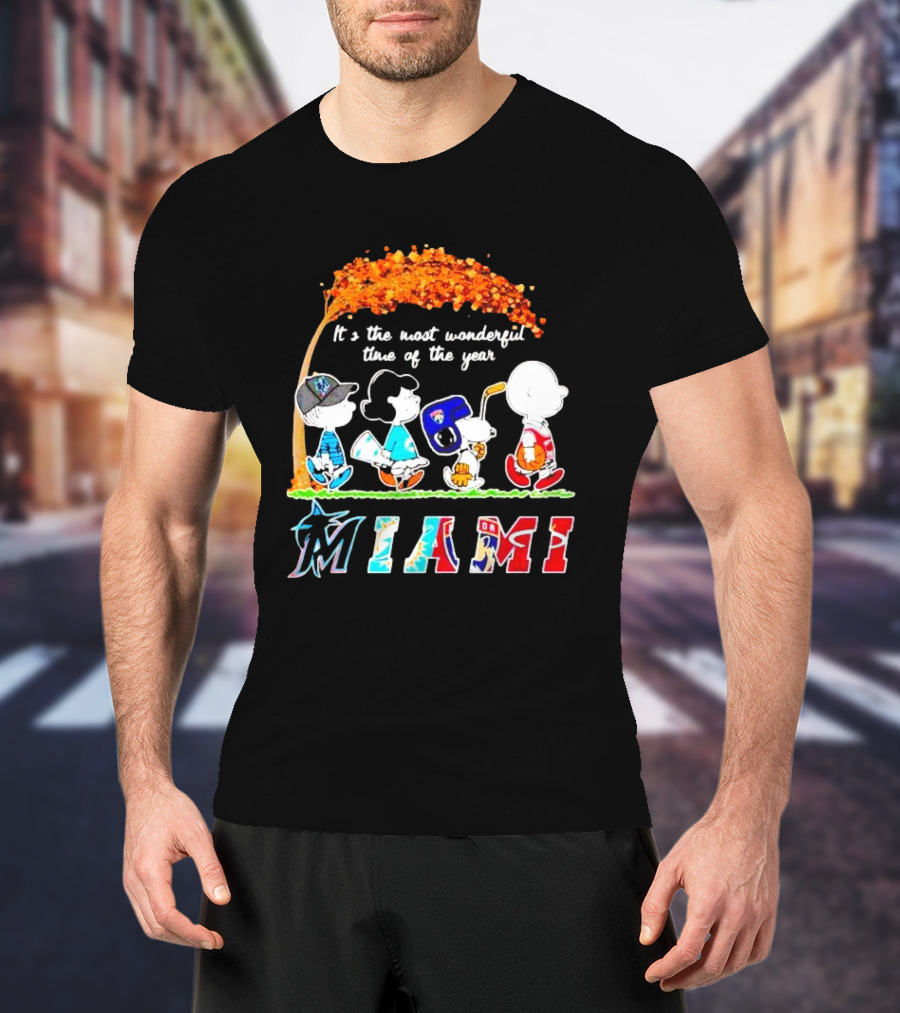 Miami Sports Peanuts Characters Walking Fall It's The Most Wonderful Time Of The Year T-Shirt