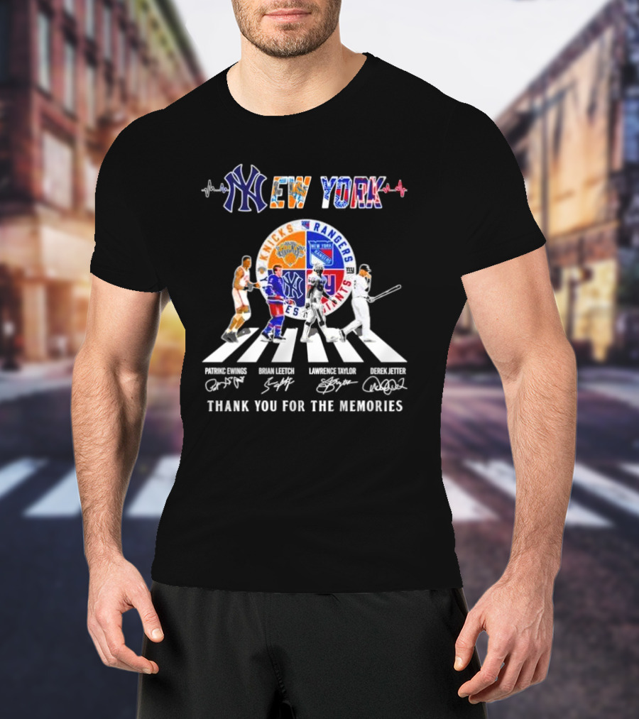 New York Knicks Rangers Giants Yankees Patrick Ewings Brian Leetch Lawrence Taylor Derek Jeter Abbey Road Thank You For The Memories Signatures T-Shirt