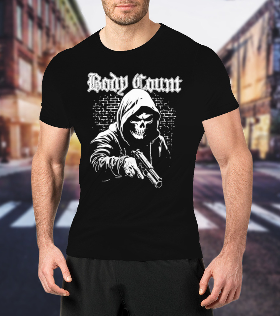 Body Count Hooded Skull With Gun Brick Wall Background T-Shirt