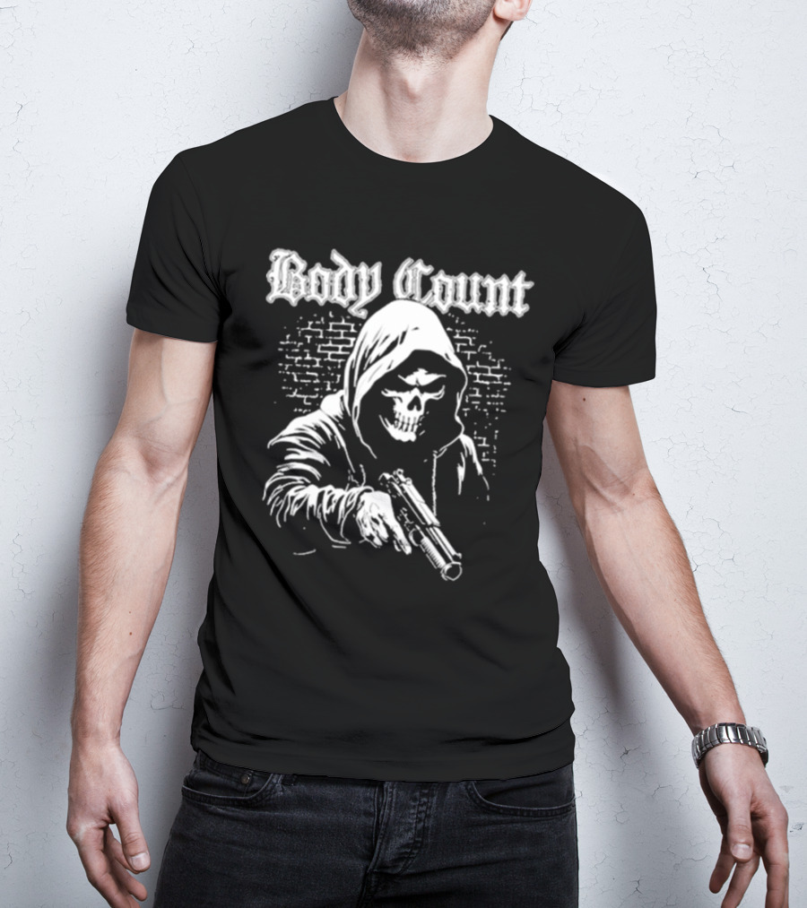 Body Count Hooded Skull With Gun Brick Wall Background T-Shirt