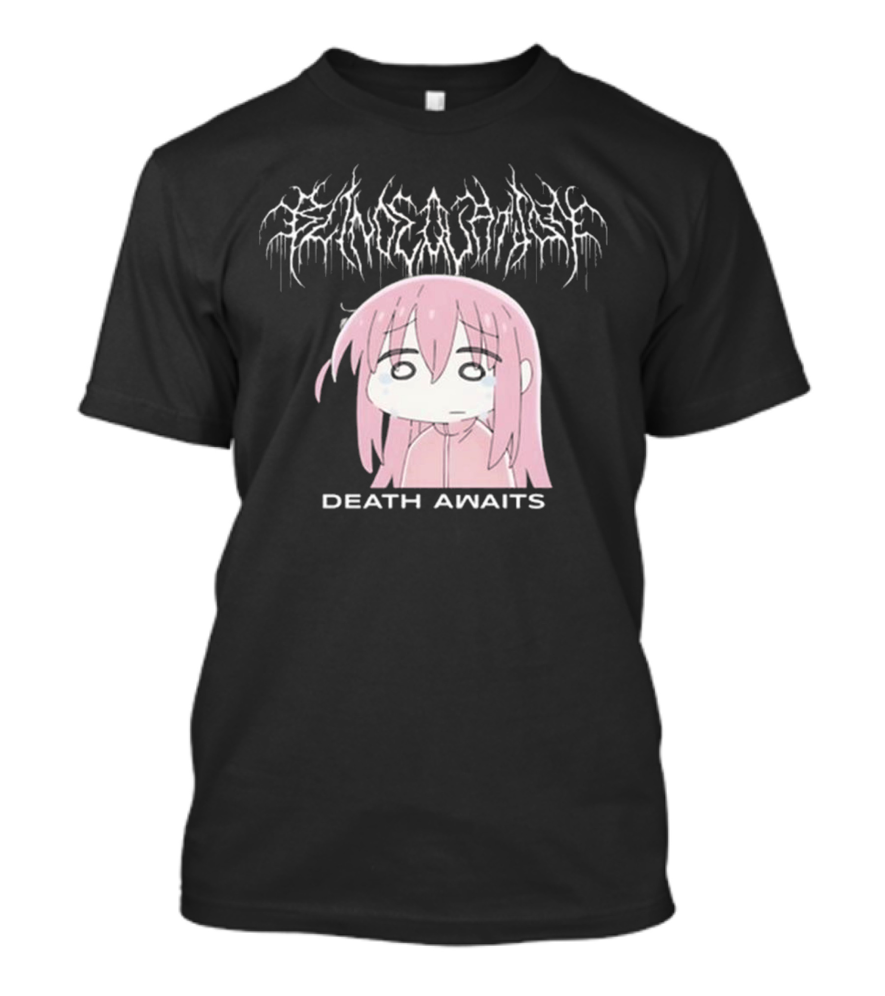 Bejalvin Death Awaits Pink Anime Character With Metal Band Style Lettering T-Shirt