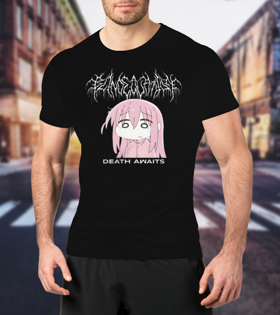 Bejalvin Death Awaits Pink Anime Character With Metal Band Style Lettering T-Shirt