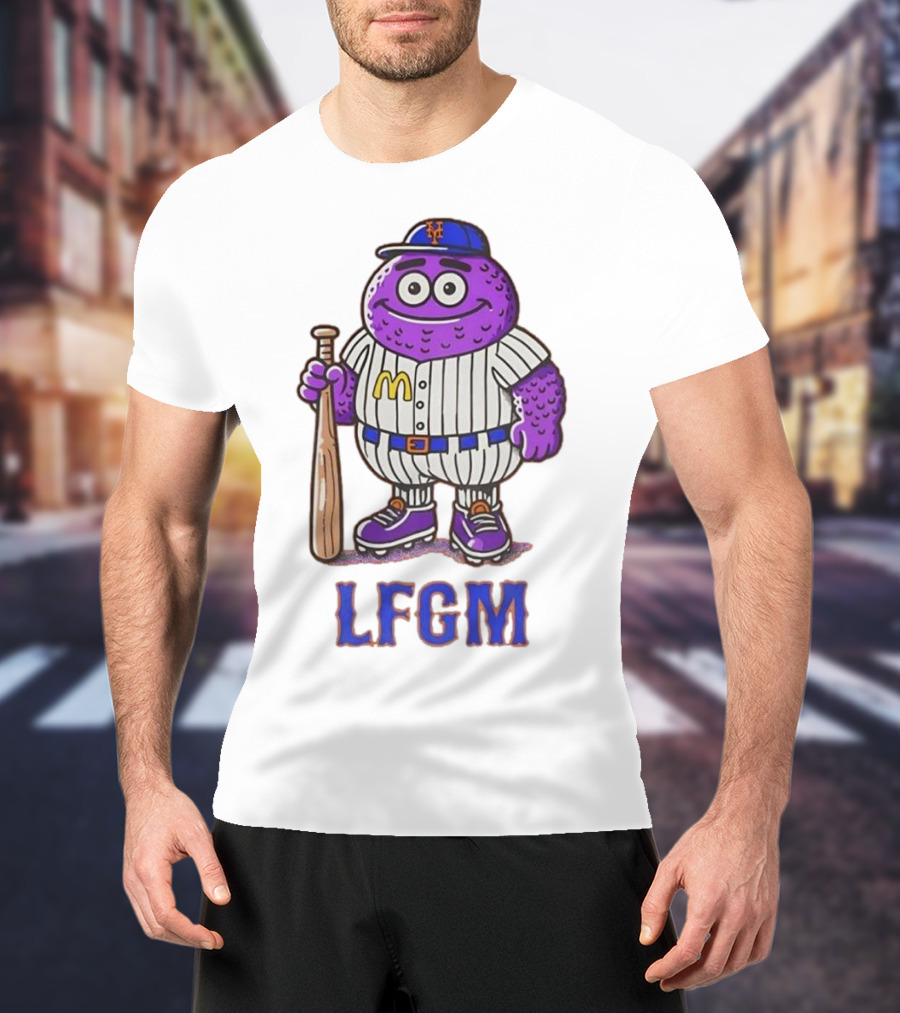LFGM New York Mets Grimace Cartoon Baseball Bat Character T-Shirt