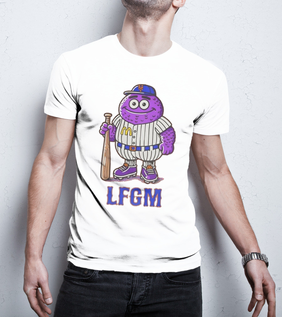 LFGM New York Mets Grimace Cartoon Baseball Bat Character T-Shirt