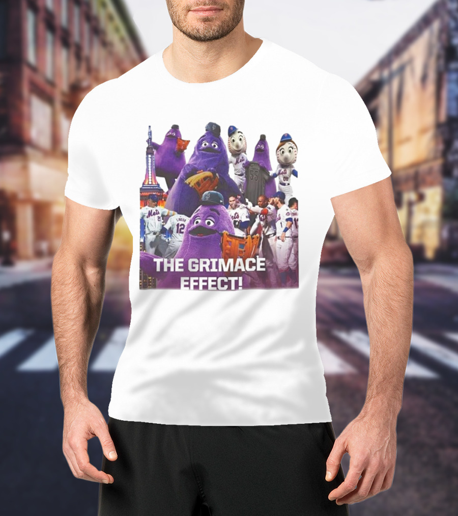 New York Mets The Grimace Effect Baseball Collaboration With Mascot Imagery And Player Interaction T-Shirt