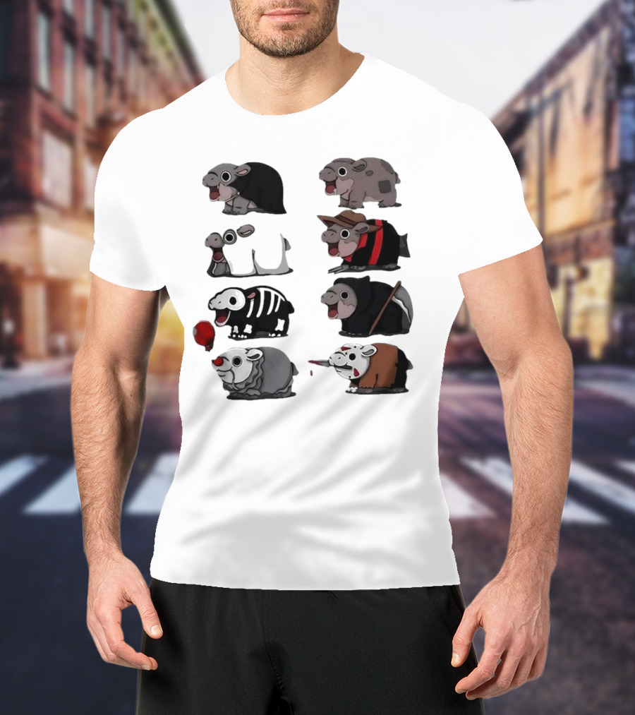 Scary Hippo Moo Deng In Horror Iconic Film Characters T-Shirt