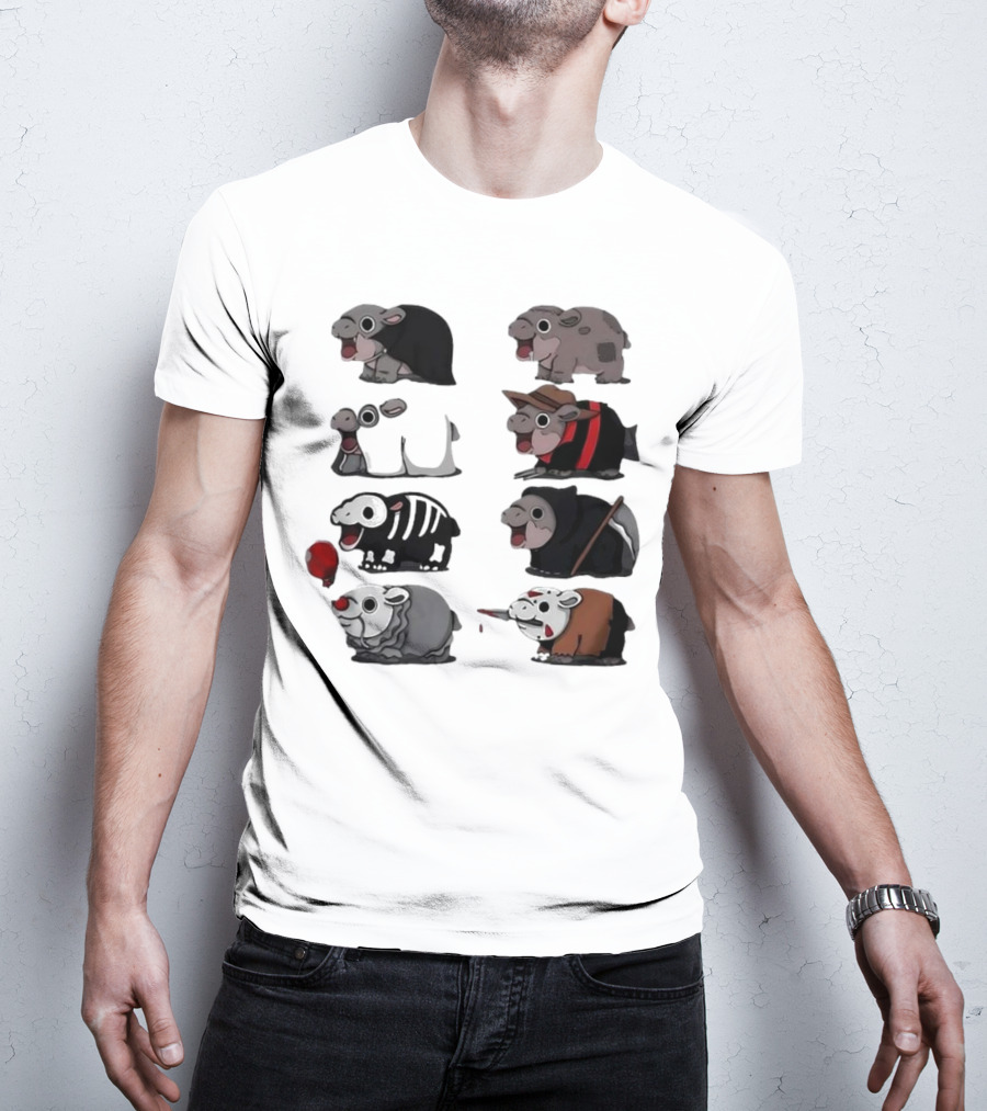 Scary Hippo Moo Deng In Horror Iconic Film Characters T-Shirt