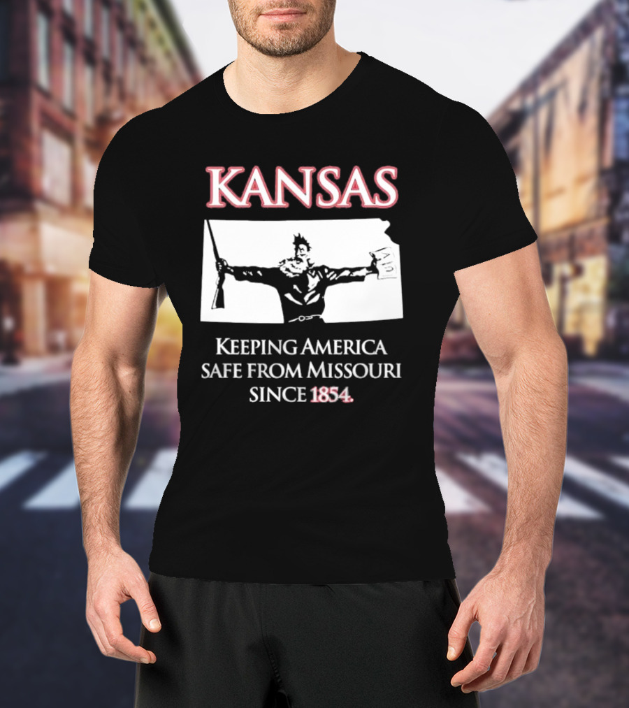 Kansas Keeping America Safe From Missouri Since 1854 Black Shirt With Armed Figure Holding Map And Gun T-Shirt