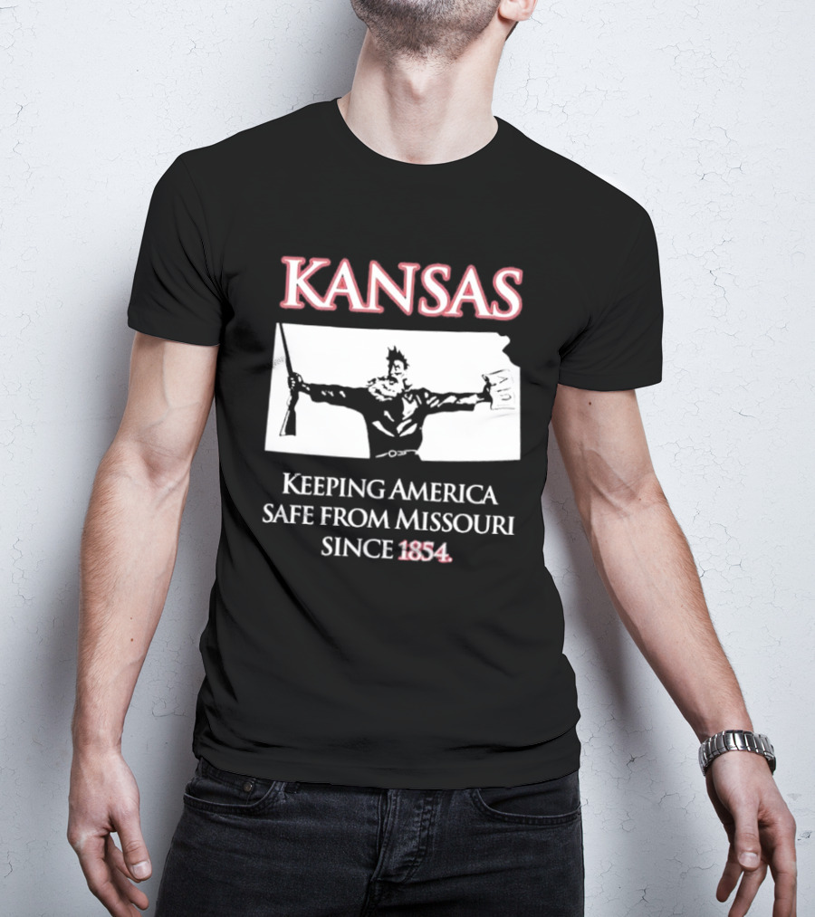 Kansas Keeping America Safe From Missouri Since 1854 Black Shirt With Armed Figure Holding Map And Gun T-Shirt