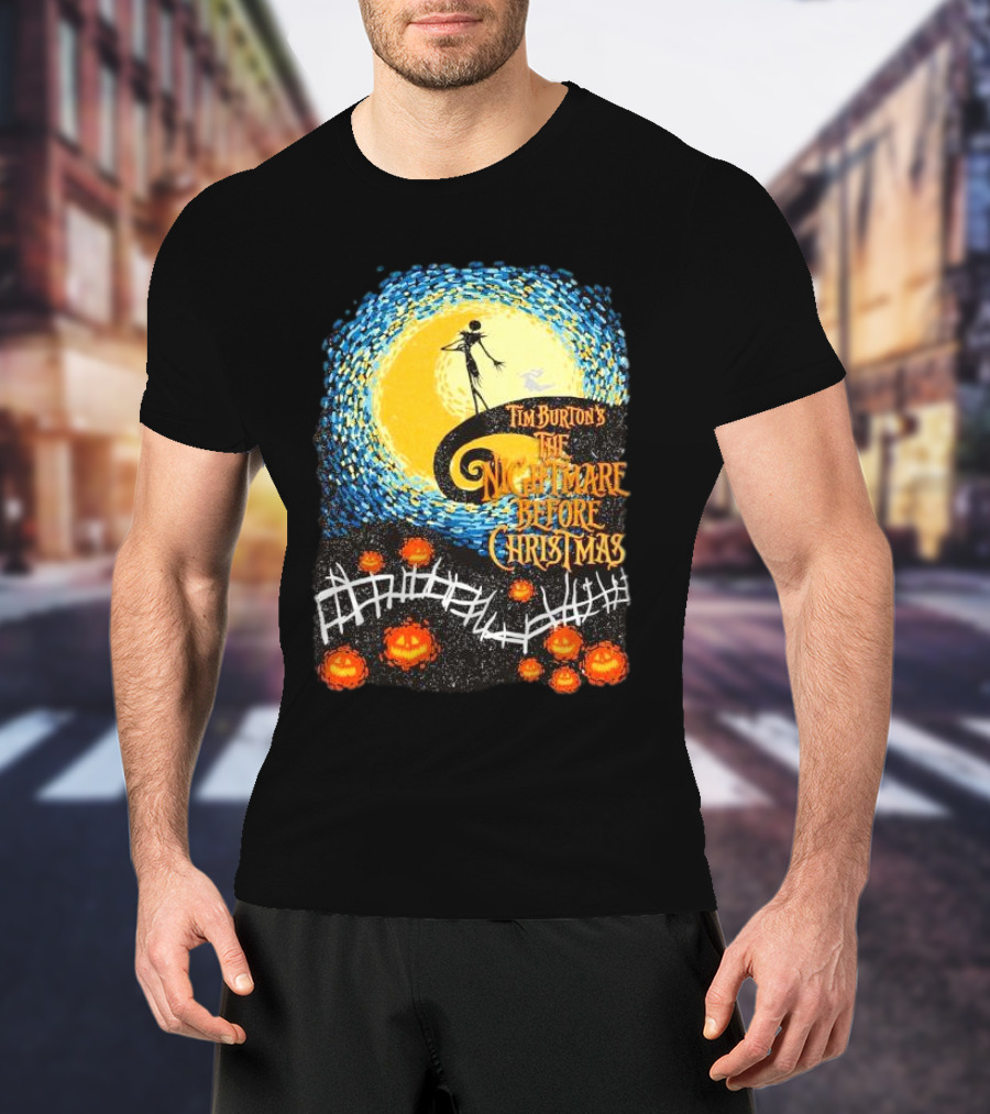Tim Burton's The Nightmare Before Christmas Starry Night Vintage Pumpkin Fence T-Shirt