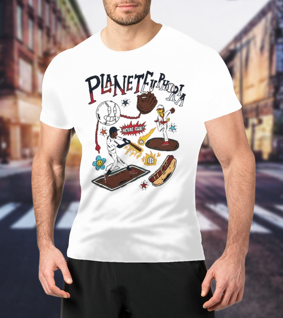 Planet Euphoria Baseball Home Run Hot Dog Illustration With Players And Glove T-Shirt