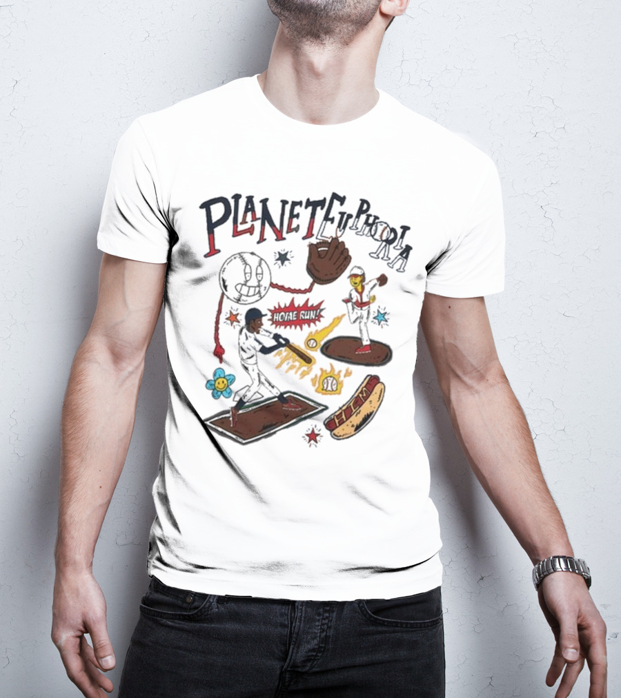 Planet Euphoria Baseball Home Run Hot Dog Illustration With Players And Glove T-Shirt