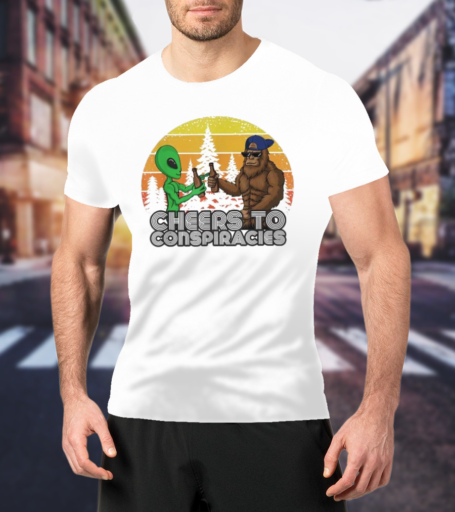 Alien And Bigfoot Cheers To Conspiracies In Retro Sunset Forest T-Shirt