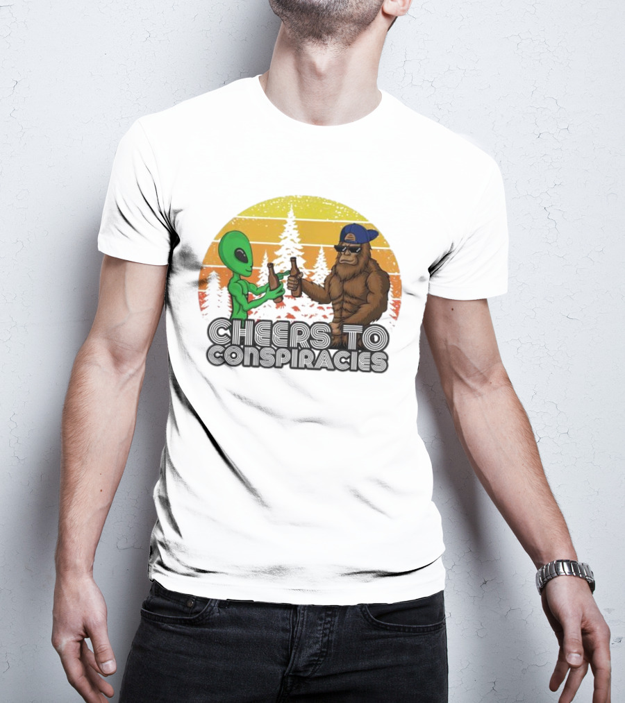 Alien And Bigfoot Cheers To Conspiracies In Retro Sunset Forest T-Shirt
