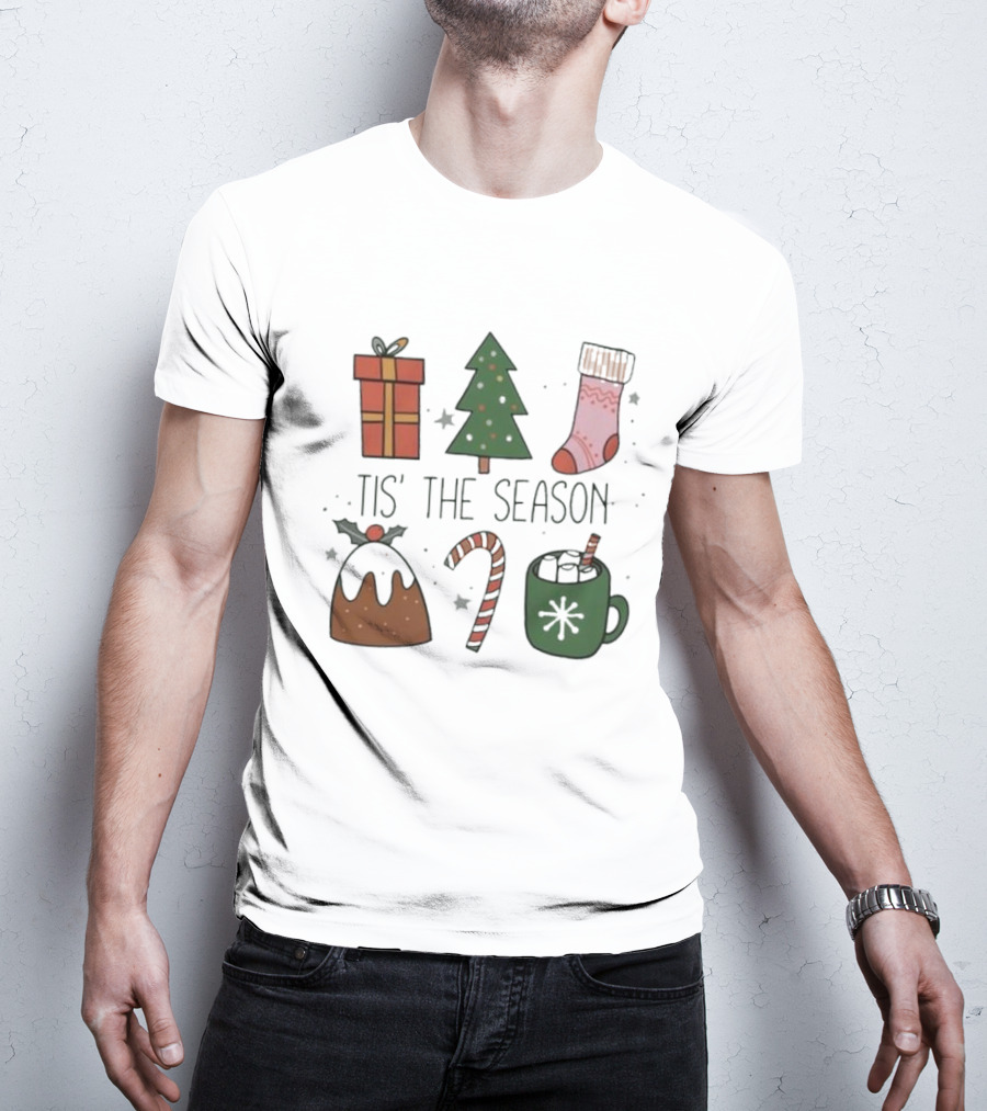 'Tis The Season Christmas Tree Stocking Gift Candy Cane Hot Chocolate T-Shirt