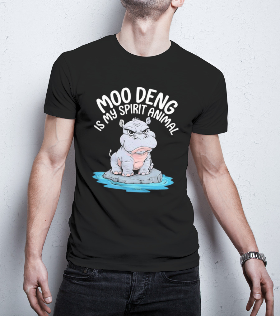 Moo Deng Is My Spirit Animal Cartoon Hippo On Rock In Water T-Shirt