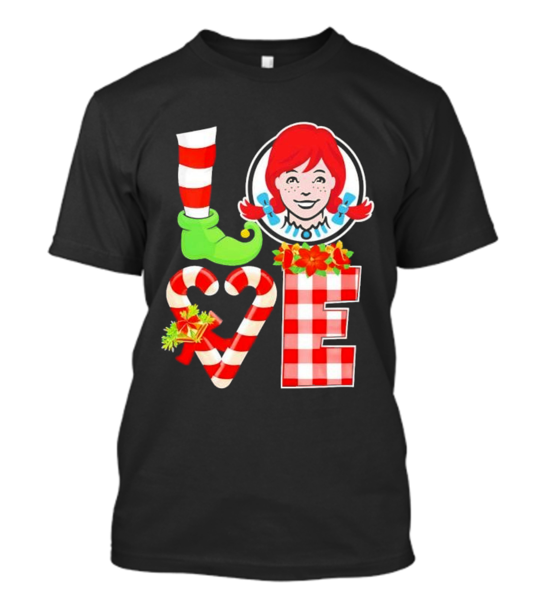 LOVE Elf Wendy’s Christmas Red Stripes Plaid Candy Cane Holiday T-Shirt