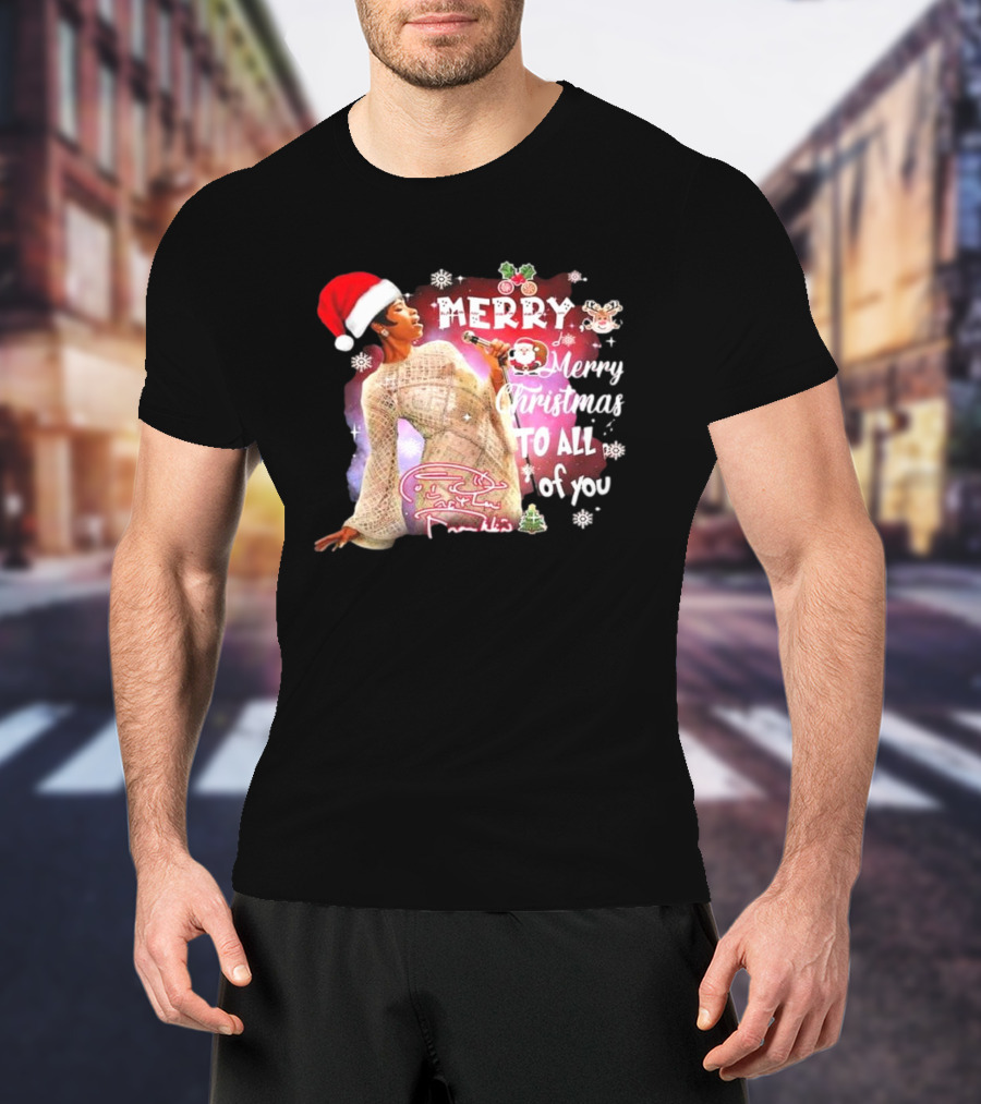 Aretha Franklin Merry Christmas To All Of You Santa Hat Snowflakes T-Shirt