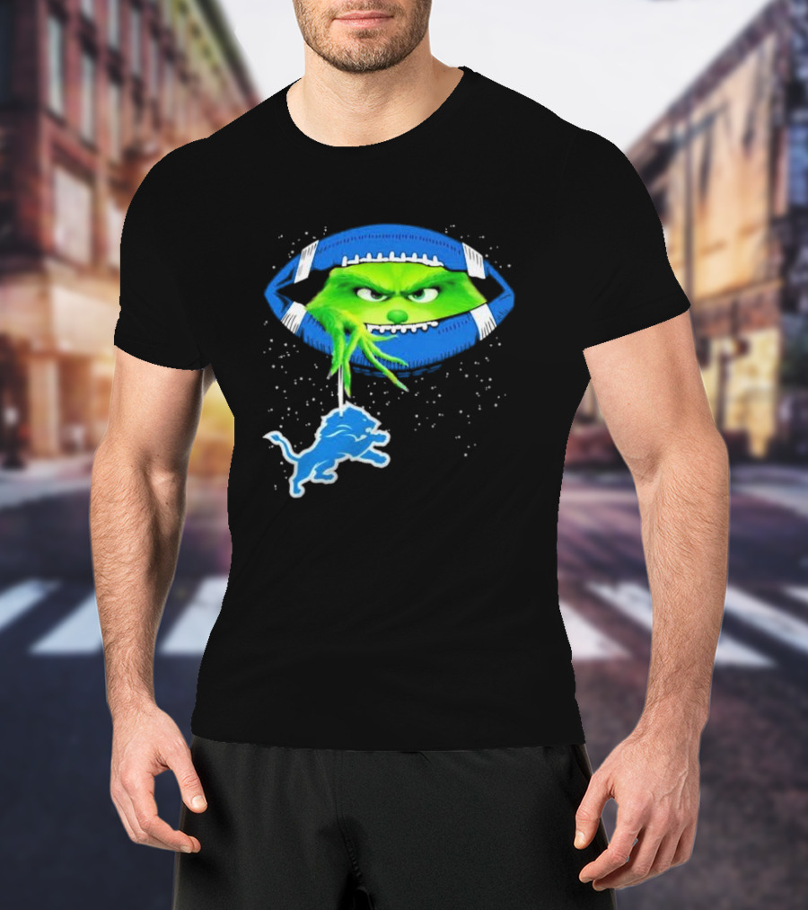 Grinch Holding Detroit Lions Logo Inside Football Christmas T-Shirt