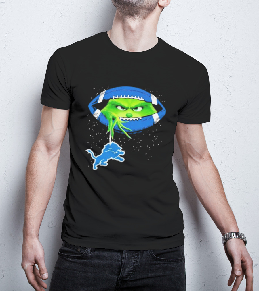 Grinch Holding Detroit Lions Logo Inside Football Christmas T-Shirt