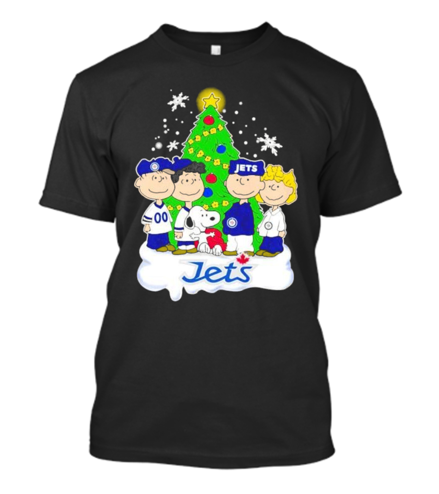 Winnipeg Jets Peanuts Characters Christmas Tree Snoopy Snowflakes T-Shirt