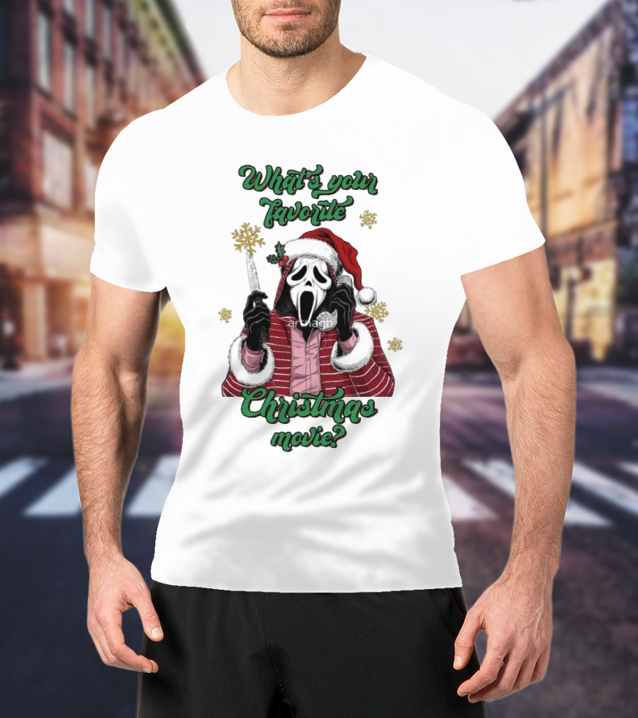 What’s Your Favorite Christmas Movie Santa Skeleton Ghost Face Costume T-Shirt