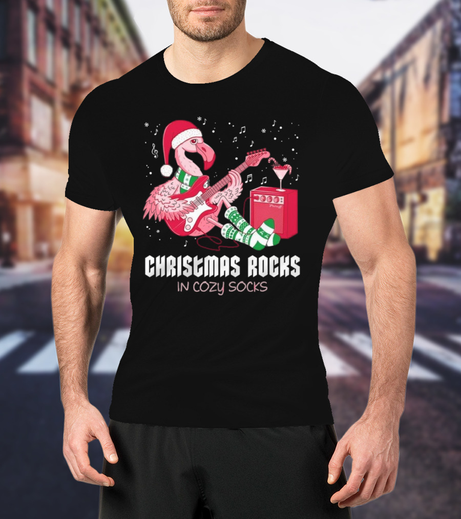 Christmas Rocks In Cozy Socks Flamingo Festive Vibes T-Shirt