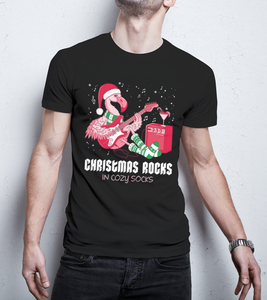 Christmas Rocks In Cozy Socks Flamingo Festive Vibes T-Shirt