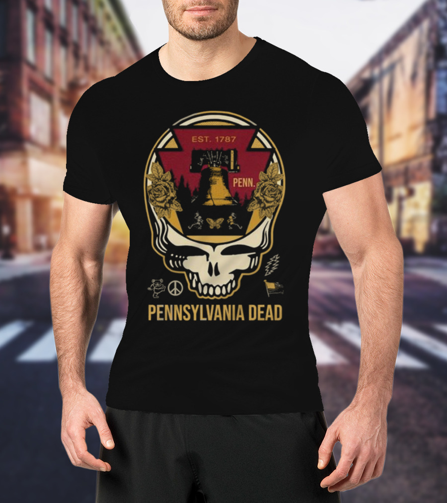 Pennsylvania Dead Est. 1787 Penn Skull With Liberty Bell And Roses T-Shirt