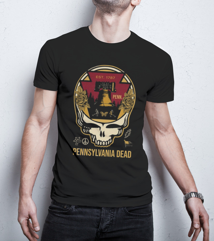 Pennsylvania Dead Est. 1787 Penn Skull With Liberty Bell And Roses T-Shirt
