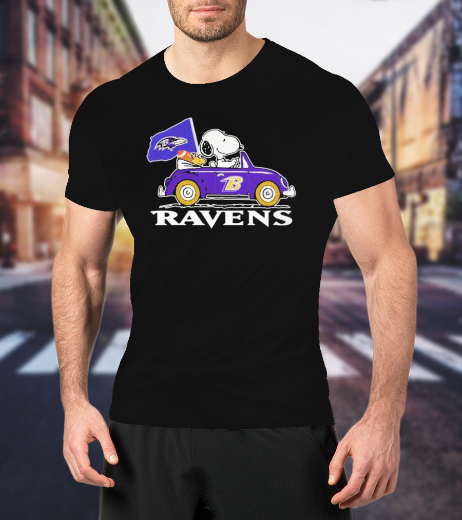 Snoopy And Woodstock Driving Ravens Car With Flag T-Shirt