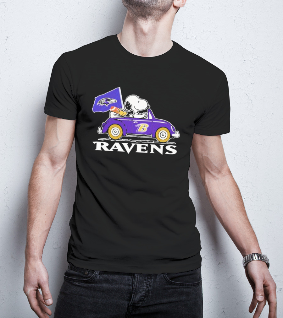 Snoopy And Woodstock Driving Ravens Car With Flag T-Shirt