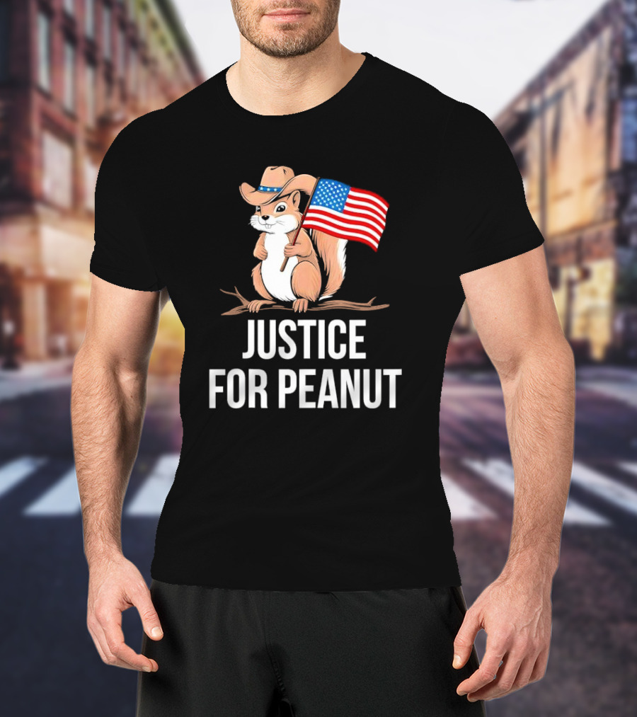 Justice For Peanut Squirrel Holding US Flag In Cowboy Hat T-Shirt