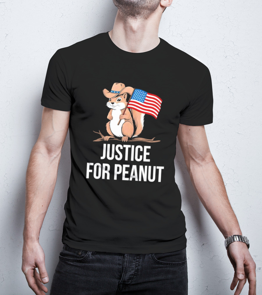 Justice For Peanut Squirrel Holding US Flag In Cowboy Hat T-Shirt