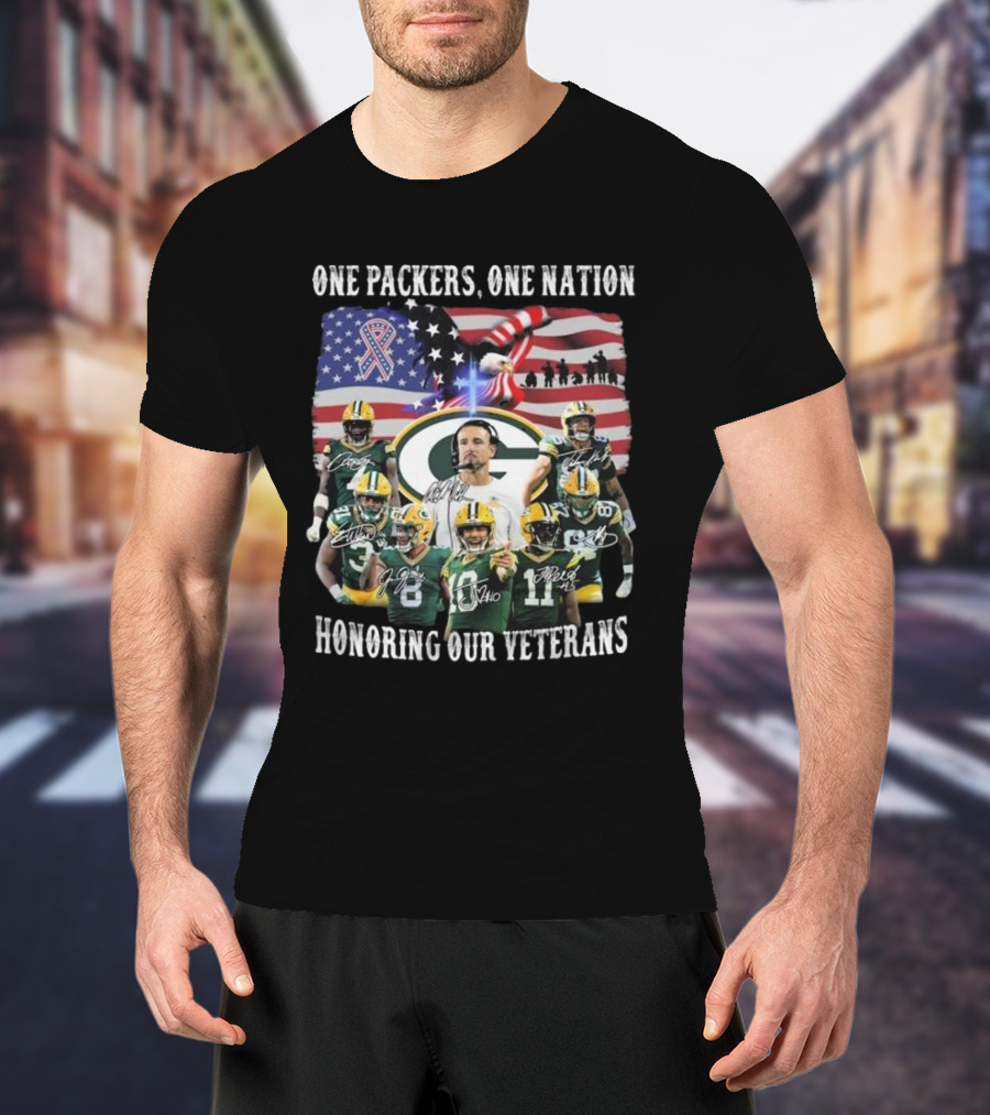 One Packers One Nation Honoring Our Veterans Green Bay Packers Flag Signatures T-Shirt
