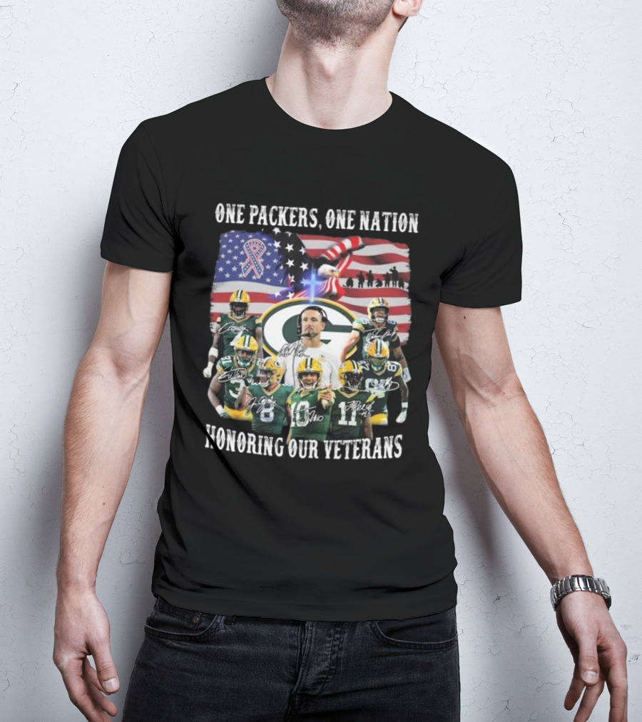 One Packers One Nation Honoring Our Veterans Green Bay Packers Flag Signatures T-Shirt