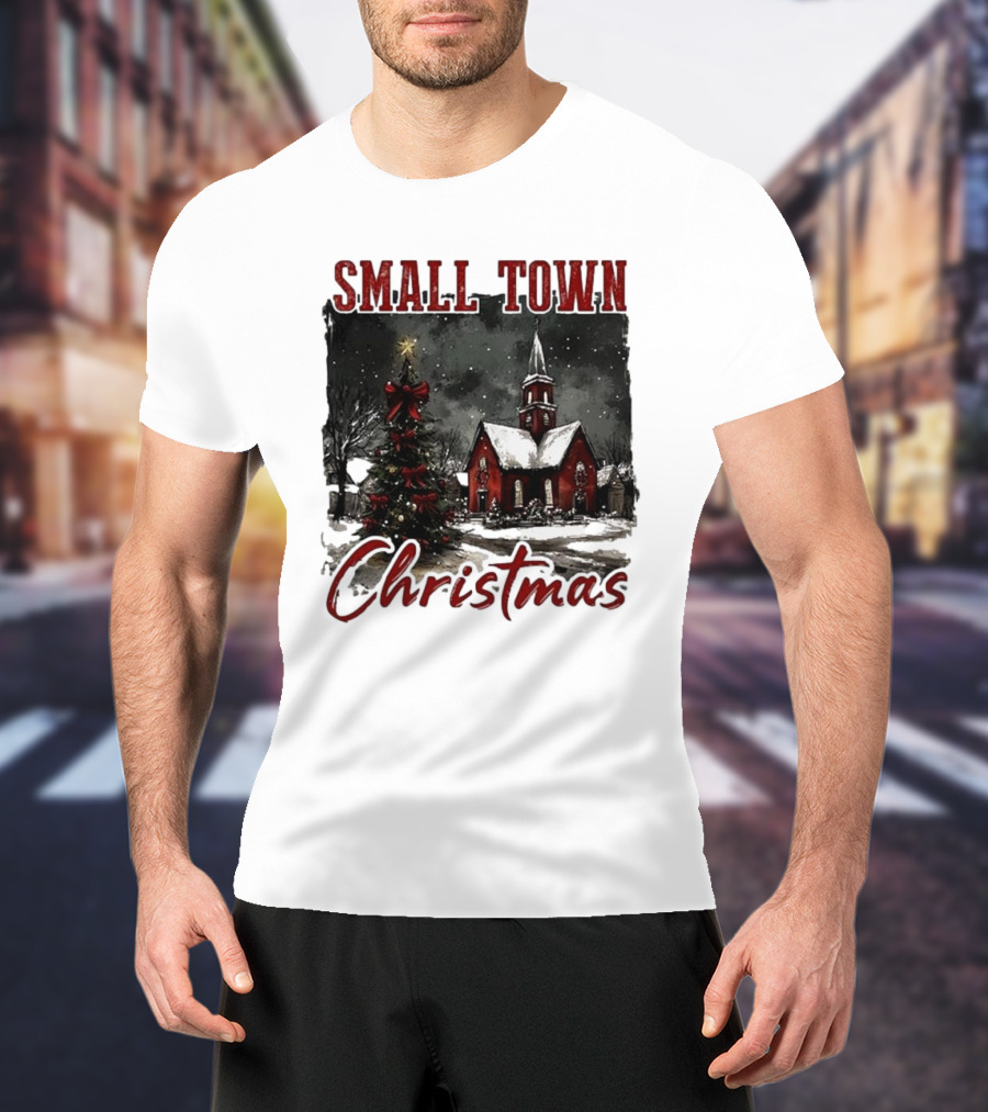 Vintage Retro Small Town Christmas Church Scene T-Shirt