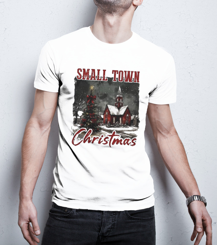 Vintage Retro Small Town Christmas Church Scene T-Shirt