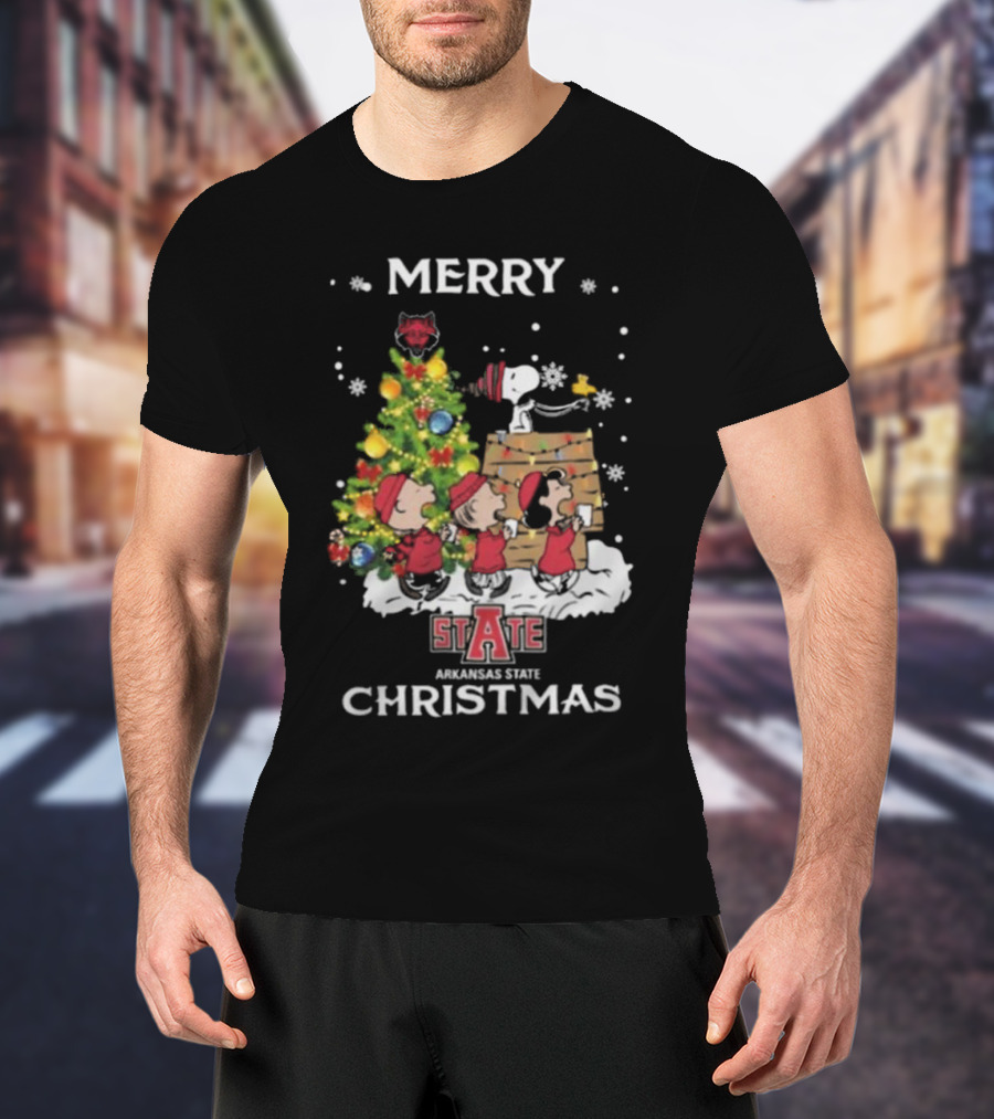 Merry Christmas Arkansas State Red Wolves Snoopy And Friends T-Shirt